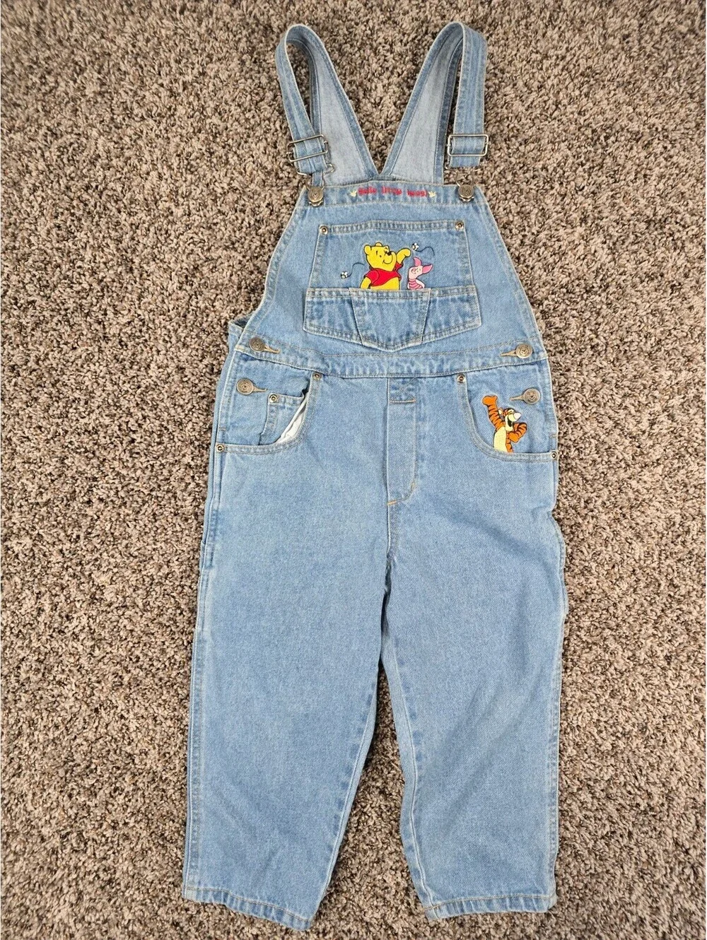 Vintage 1990s Winnie The Pooh Kids Sz 6 Denim Blue Jean Overalls Embroidered
